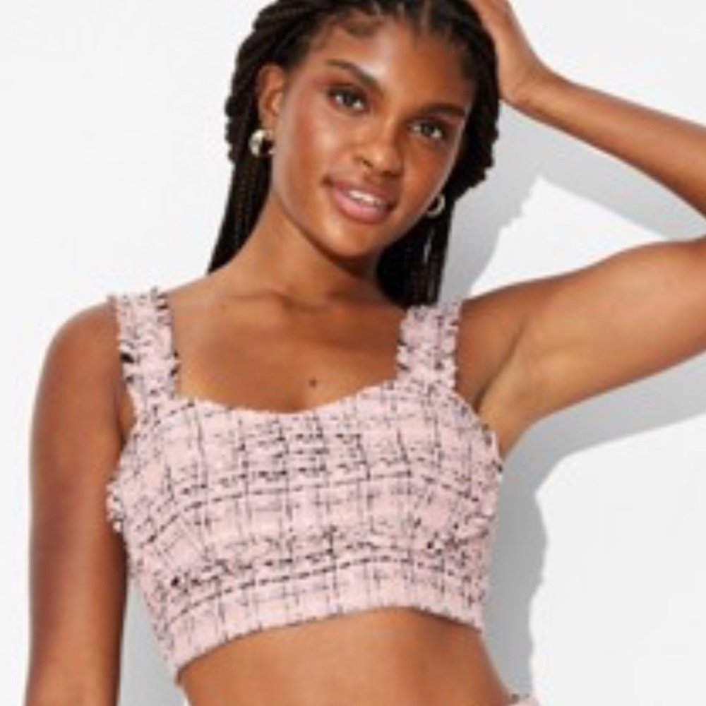 Wild Fable Pink Ruched Tweed Boucle Tiny Tank Pink Crop Top Size L NWT